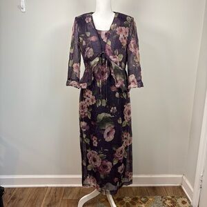 Vintage Y2K Floral Maxi Dress Set Sheer Jacket Mother Bride Boho 8